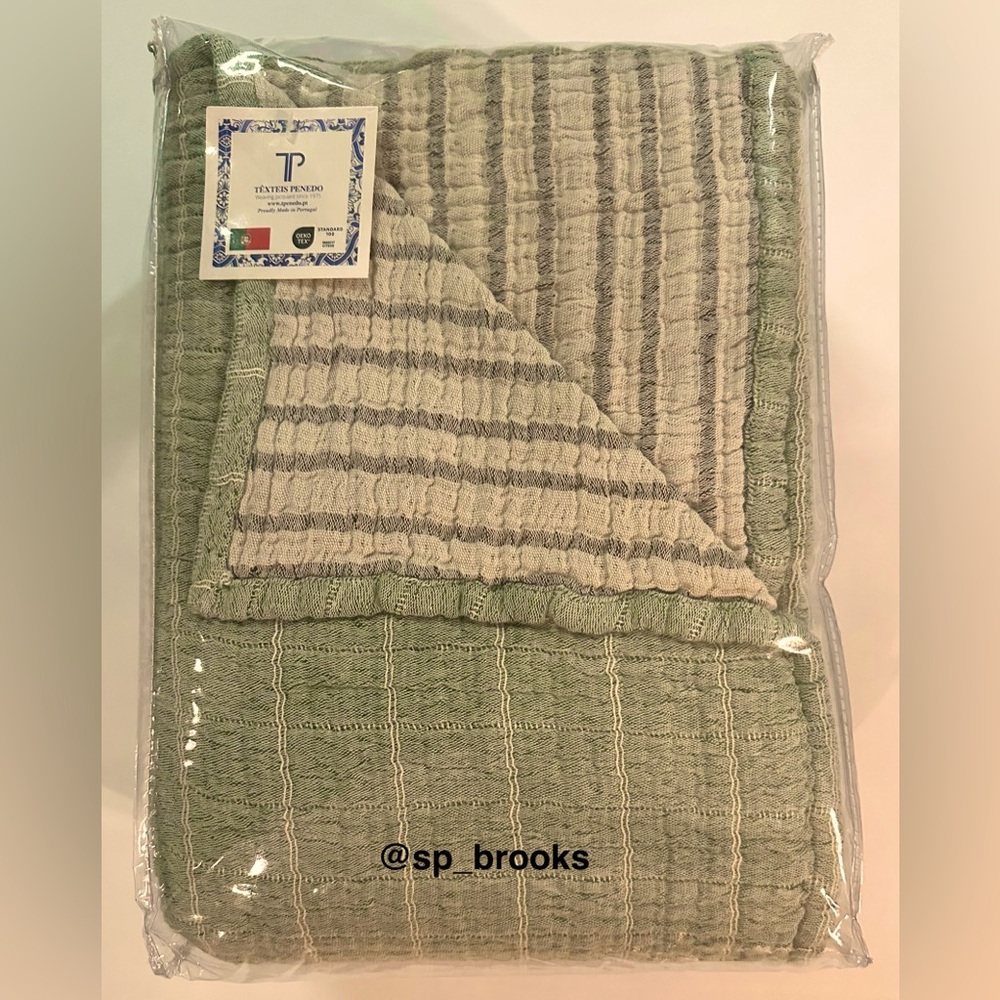 🎁Texteis Penedo Coverlet - Cotton Reversible Queen Size -MIP- Green Stripe